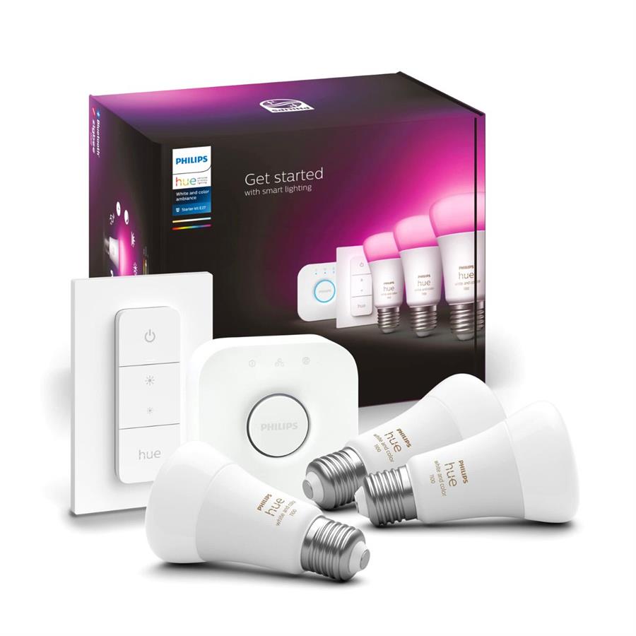 PHILIPS HUE STARTER KIT E27: 3 FOCOS INTELIGENTES + BRIDGE + DIMMER SWITCH