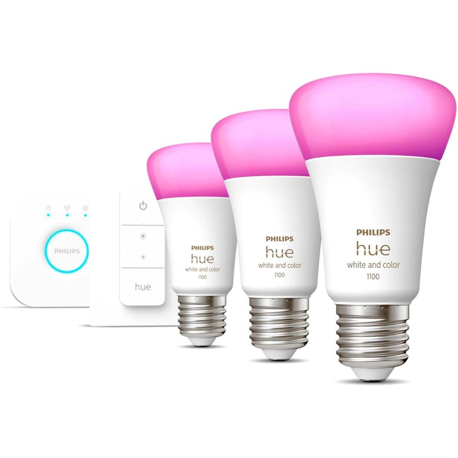 PHILIPS HUE STARTER KIT E27: 3 FOCOS INTELIGENTES + BRIDGE + DIMMER SWITCH