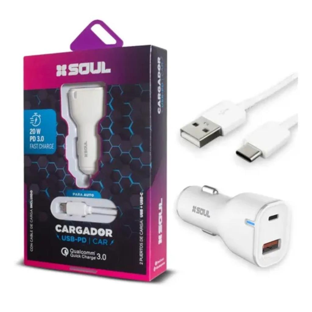 CARGADOR PARA AUTO SOUL USB-PD 20W C/CABLE USB A MICRO USB